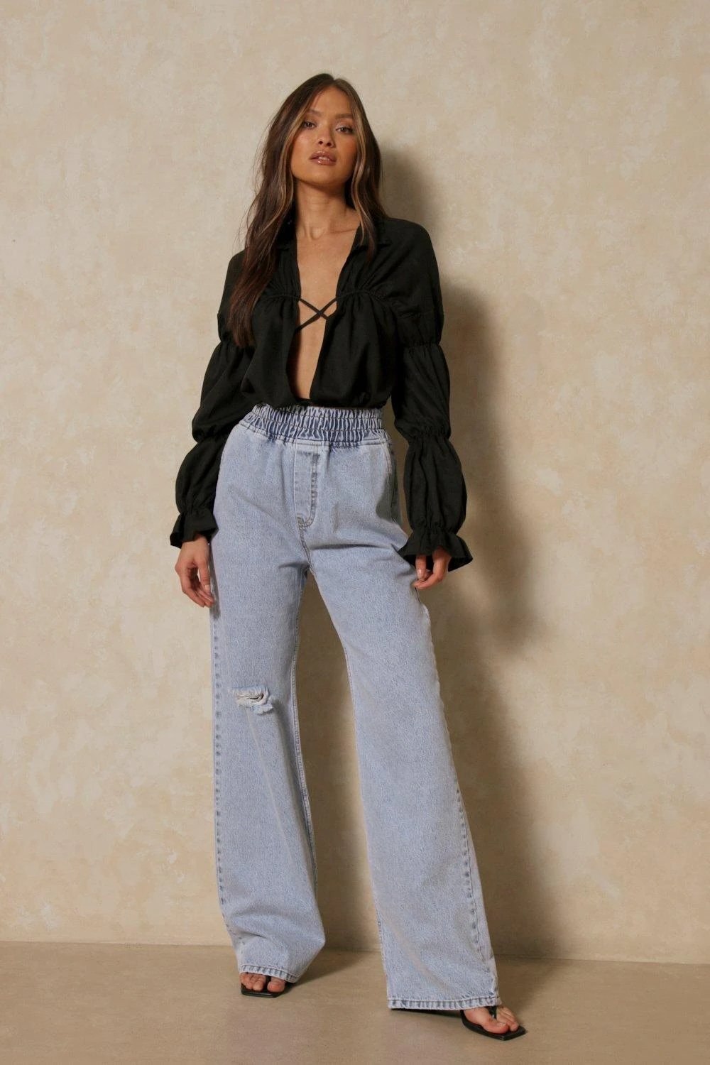 Ruched Tie Front Balloon Sleeve Blouse 4 Ruched Tie Front Balloon Sleeve Blouse - Image 4