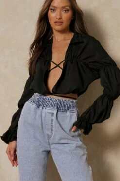 Ruched Tie Front Balloon Sleeve Blouse 9 Ruched Tie Front Balloon Sleeve Blouse -Cheap Dress Store black ruched tie front balloon sleeve blouse 4