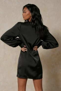 Satin Draped Collarless Shirt Dress -Cheap Dress Store black satin draped collarless shirt dress 2