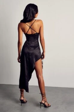 Satin Jacquard Cowl Ruched Midi Dress -Cheap Dress Store black satin jacquard cowl ruched midi dress 2