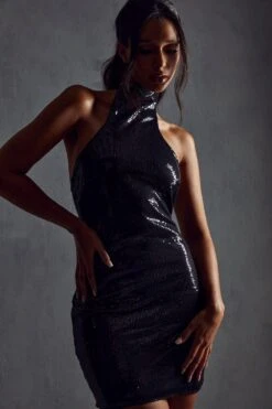 Sequin High Neck Racer Neck Mini Dress -Cheap Dress Store black sequin high neck racer neck mini dress 4