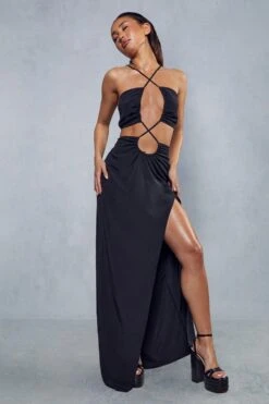 Textured Linen Strappy Maxi Dress -Cheap Dress Store black textured linen strappy maxi dress 3