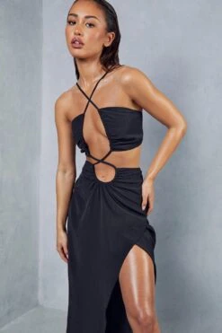 Textured Linen Strappy Maxi Dress -Cheap Dress Store black textured linen strappy maxi dress 4