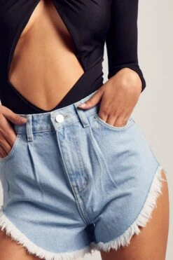 Curved Hem Frayed Denim Shorts 11 Curved Hem Frayed Denim Shorts -Cheap Dress Store blue curved hem frayed denim shorts 5