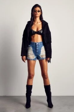 Extreme Frayed Detail Denim Shorts -Cheap Dress Store blue extreme frayed detail denim shorts 3