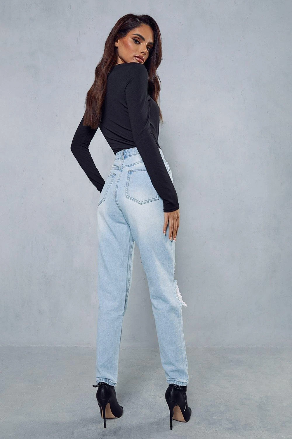 Blue High Waisted Distressed Mom Jean 3 Blue High Waisted Distressed Mom Jean - Image 3