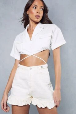 High Waisted Frill Hem Denim Short -Cheap Dress Store blue high waisted frill hem denim short 4