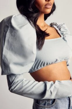 Luxe Twill Extreme Puff Shoulder Top 10 Luxe Twill Extreme Puff Shoulder Top -Cheap Dress Store blue luxe twill extreme puff shoulder top 4