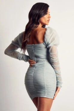 Mesh Ruched Puff Sleeve Mini Dress 8 Mesh Ruched Puff Sleeve Mini Dress -Cheap Dress Store blue mesh ruched puff sleeve mini dress 2