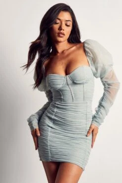 Mesh Ruched Puff Sleeve Mini Dress