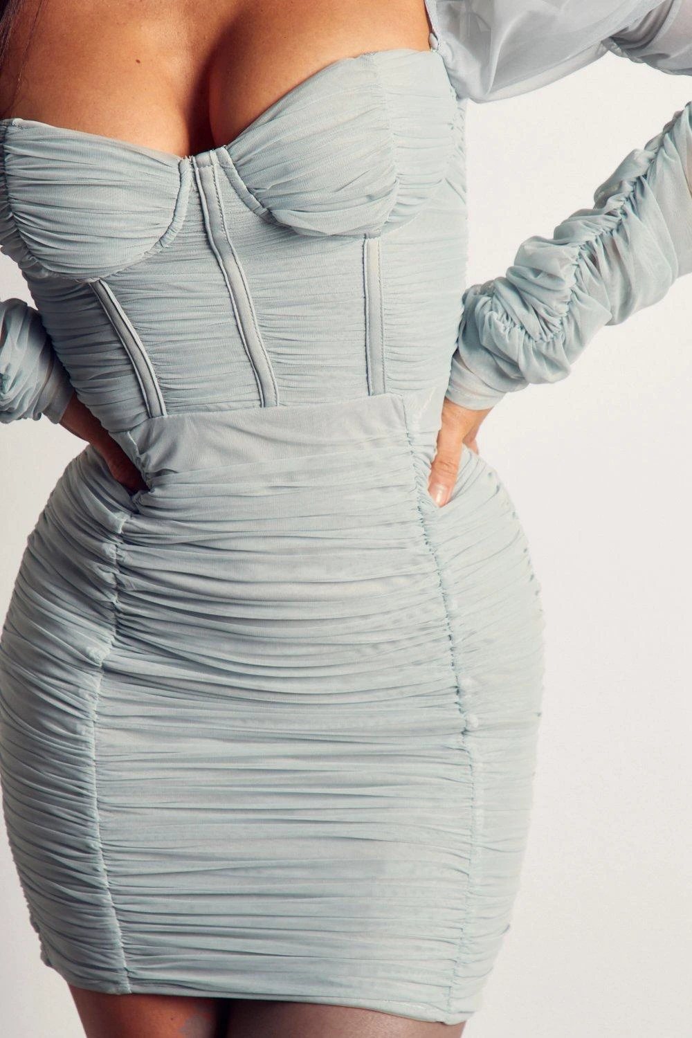 Mesh Ruched Puff Sleeve Mini Dress 5 Mesh Ruched Puff Sleeve Mini Dress - Image 5