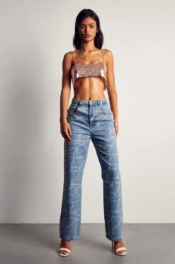 Washed Marble Print Wide Leg Jeans