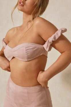 Faux Suede Bardot Frill Crop Top -Cheap Dress Store blush faux suede bardot frill crop top 4