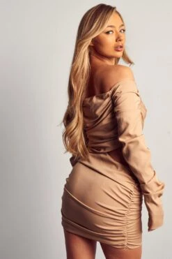 Ruched Bardot Mini Dress -Cheap Dress Store camel ruched bardot mini dress 2