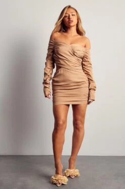 Ruched Bardot Mini Dress -Cheap Dress Store camel ruched bardot mini dress 3