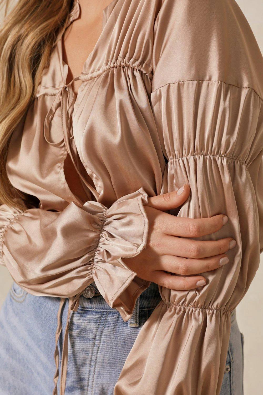 Satin Ruched Tie Front Blouse 2 Satin Ruched Tie Front Blouse - Image 2