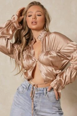 Satin Ruched Tie Front Blouse