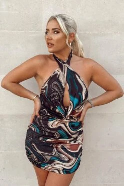 Marble Print Double Layer Cowl Neck Dress