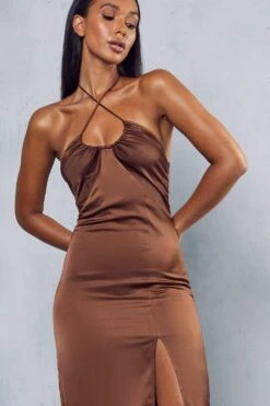 Cheap Dress Store -Cheap Dress Store chocolate premium satin halterneck ruched maxi dress 1