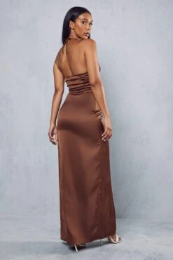 Premium Satin Halterneck Ruched Maxi Dress -Cheap Dress Store chocolate premium satin halterneck ruched maxi dress 2