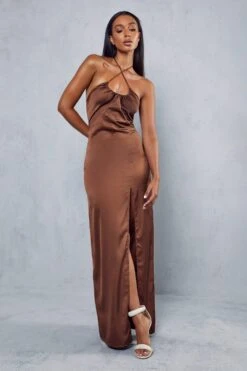 Premium Satin Halterneck Ruched Maxi Dress