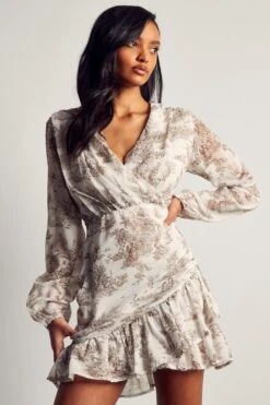 Printed Chiffon Ruched Wrap Mini Dress