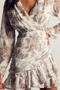 Printed Chiffon Ruched Wrap Mini Dress -Cheap Dress Store chocolate printed chiffon ruched wrap mini dress 4