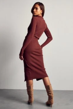 Rib Collared Button Down Midi Dress -Cheap Dress Store chocolate rib collared button down midi dress 2