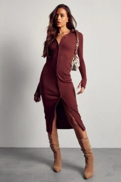 Rib Collared Button Down Midi Dress