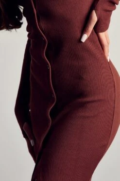 Rib Collared Button Down Midi Dress -Cheap Dress Store chocolate rib collared button down midi dress 4