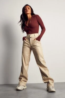 Double Waist Leather Look And Denim Trouser 9 Double Waist Leather Look And Denim Trouser -Cheap Dress Store cream double waist leather look and denim trouser 3