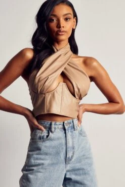 Leather Look Cross Over Corset Top