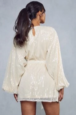 Sequin Shoulder Pad Mini Dress -Cheap Dress Store cream sequin shoulder pad mini dress 3