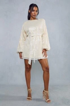 Sequin Shoulder Pad Mini Dress -Cheap Dress Store cream sequin shoulder pad mini dress 4