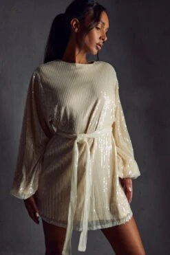 Sequin Shoulder Pad Mini Dress -Cheap Dress Store cream sequin shoulder pad mini dress 5