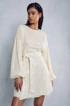 Sequin Shoulder Pad Mini Dress -Cheap Dress Store cream sequin shoulder pad mini dress 6