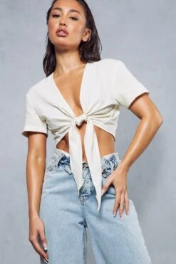 Textured Linen Look Cropped Tie Front Shirt