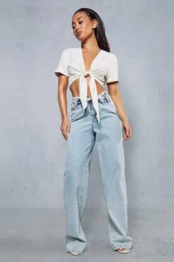 Textured Linen Look Cropped Tie Front Shirt 8 Textured Linen Look Cropped Tie Front Shirt -Cheap Dress Store cream textured linen look cropped tie front shirt 3