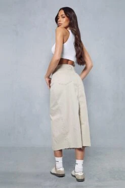 Denim Split Front Midi Skirt -Cheap Dress Store ecru denim split front midi skirt 1 2