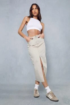 Denim Split Front Midi Skirt -Cheap Dress Store ecru denim split front midi skirt 1 3