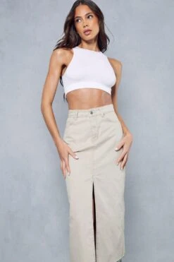 Denim Split Front Midi Skirt -Cheap Dress Store ecru denim split front midi skirt 1 4