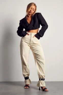 Pu Ankle Buckle Detail Straight Leg Jean -Cheap Dress Store ecru pu ankle buckle detail straight leg jean 3