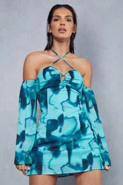 Abstract Print Halterneck Flare Sleeve Mini Dress