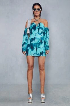 Abstract Print Halterneck Flare Sleeve Mini Dress 9 Abstract Print Halterneck Flare Sleeve Mini Dress -Cheap Dress Store green abstract print halterneck flare sleeve mini dress 3