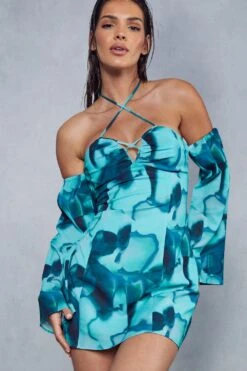 Abstract Print Halterneck Flare Sleeve Mini Dress 10 Abstract Print Halterneck Flare Sleeve Mini Dress -Cheap Dress Store green abstract print halterneck flare sleeve mini dress 4