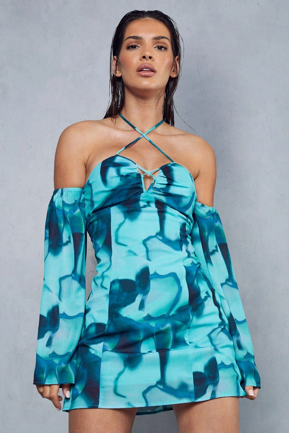 Abstract Print Halterneck Flare Sleeve Mini Dress 1 Abstract Print Halterneck Flare Sleeve Mini Dress