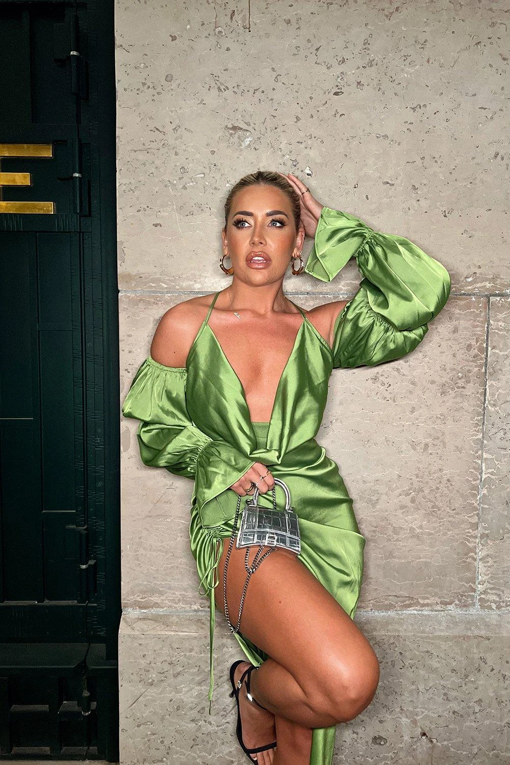 Alisha LeMay Satin Puff Sleeve Cowl Neck Midi Dress 2 Alisha LeMay Satin Puff Sleeve Cowl Neck Midi Dress - Image 2