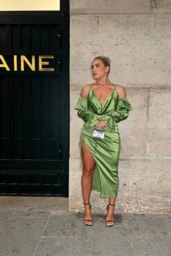 Alisha LeMay Satin Puff Sleeve Cowl Neck Midi Dress