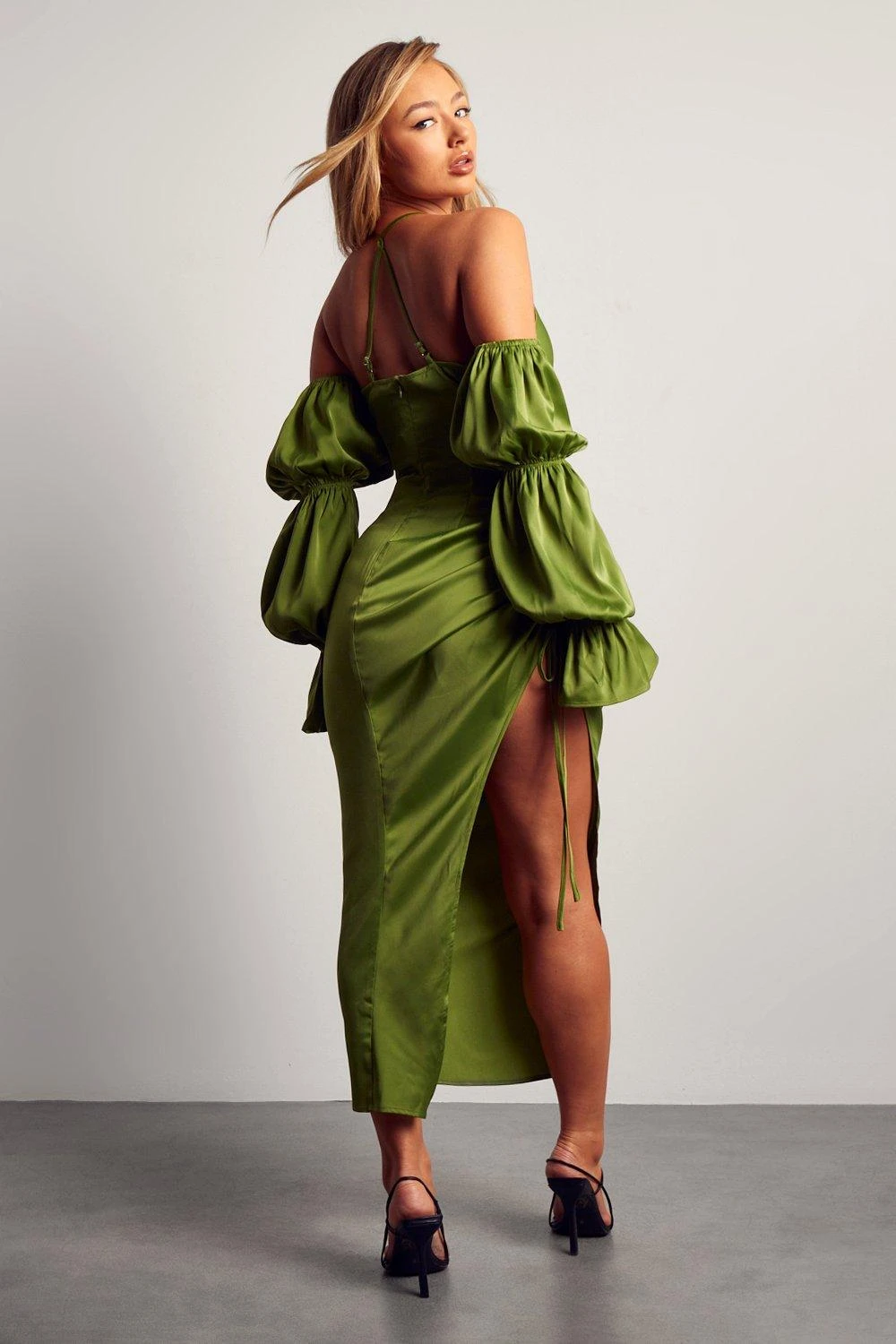 Alisha LeMay Satin Puff Sleeve Cowl Neck Midi Dress 4 Alisha LeMay Satin Puff Sleeve Cowl Neck Midi Dress - Image 4