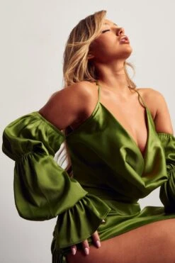 Alisha LeMay Satin Puff Sleeve Cowl Neck Midi Dress 11 Alisha LeMay Satin Puff Sleeve Cowl Neck Midi Dress -Cheap Dress Store green satin puff sleeve cowl neck midi dress 5